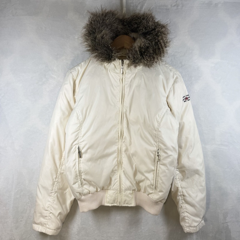 Vtg Y2K Ralph Lauren Polo Jeans Co Puffer Jacket Women's S White Down Fur Hood
